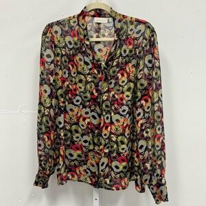 Hinge 100% Silk Women’s Abstract Floral Lightweight Neck Tie Blouse Top Medium
